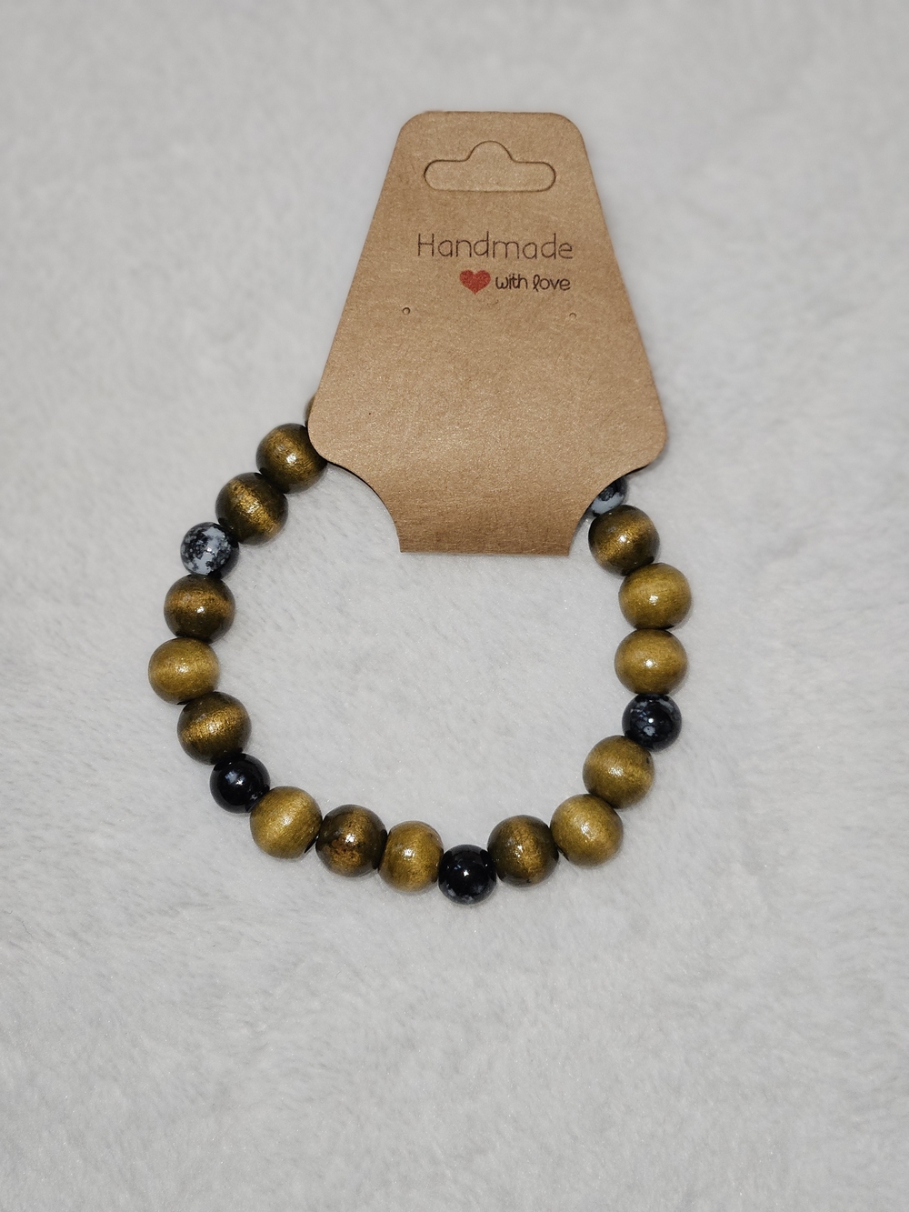 Handmade Gold-Tone Beaded Stretch Bracelet with Black Accent Beads